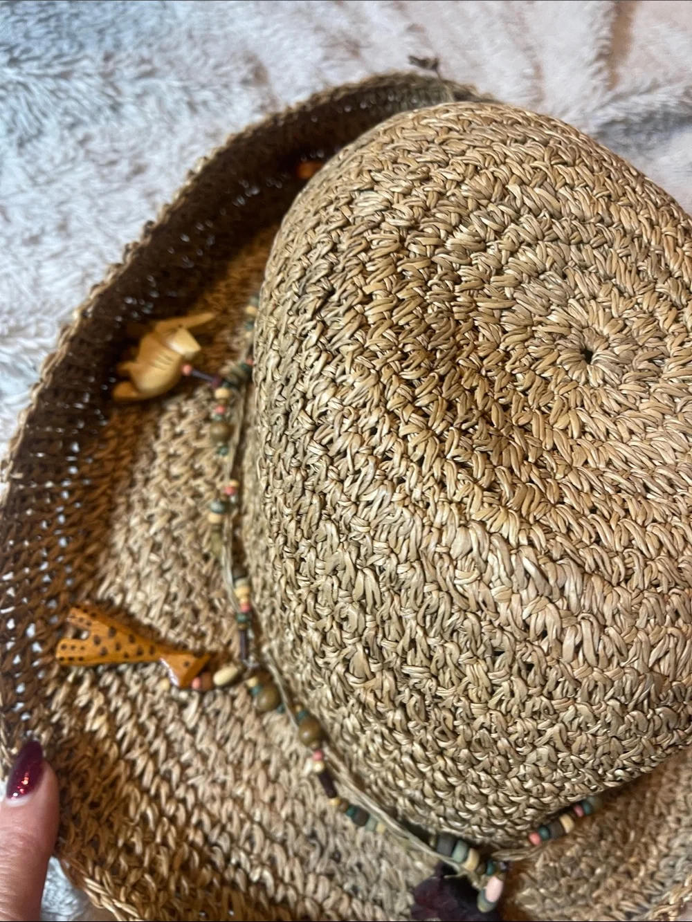 Woven Straw Sun Hat with Bead & Animal Charm Trim - Natural